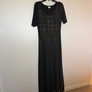 LuLaRoe Womens Maxi Dress Large Black Gold Metallic Geometric Print Scoop Neck